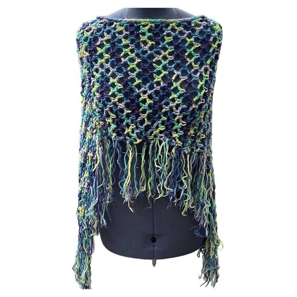 Hand-Made‎ Bohemian Crocheted Poncho/Shawl w/Fringe Multicolor 70's Style Hippie - Picture 8 of 13